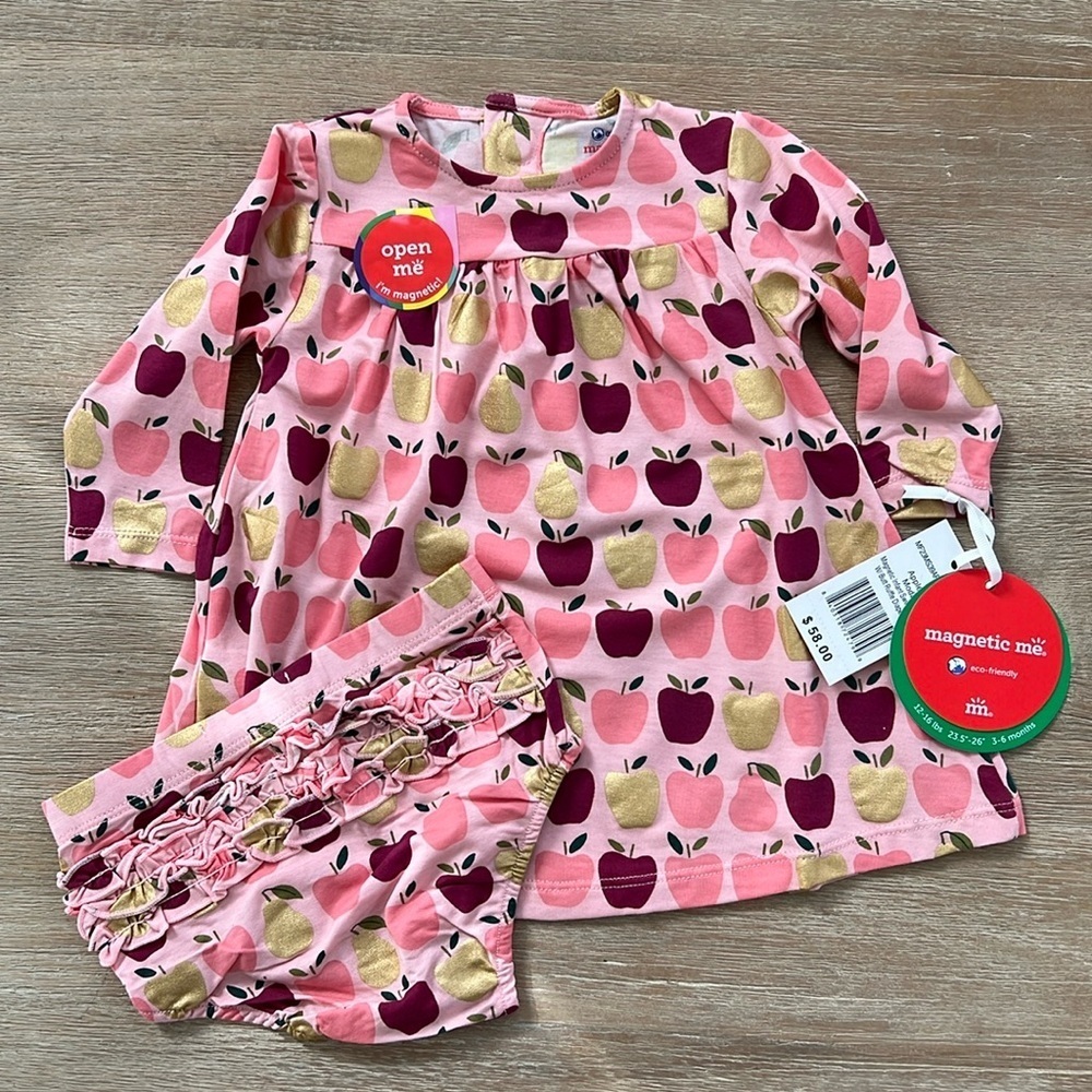 Magnetic Me Baby Girl Apple Dress Ruffle Diaper Cover 9-12 months
